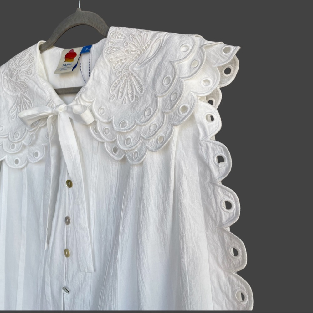 FARM RIO ANTHRO NWT White Embroidered Peter Pan Collared Long Sleeve Mini Dress - Picture 6 of 17
